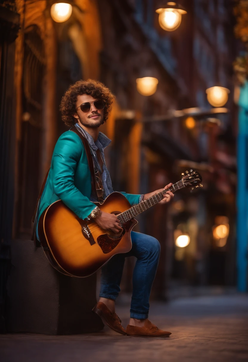 (masterpiece:1.2),ultra-detailed,realistic,cocorico de sapatenis,portrait,leather shoes,young man with curly hair,colourful background,guitar player,musician,wavy hair,funky style,casual clothing,vibrant colors,stage lighting,dynamic pose,expressive eyes,musical instrument,street performance,urban setting,artistic creation,creative energy,enjoying the moment,passionate artist,dreamy atmosphere,colorful patterns,cool sunglasses,artistic flair,unique style,bokeh lights,artistic expression,fashionable,stylish appearance,music lover.