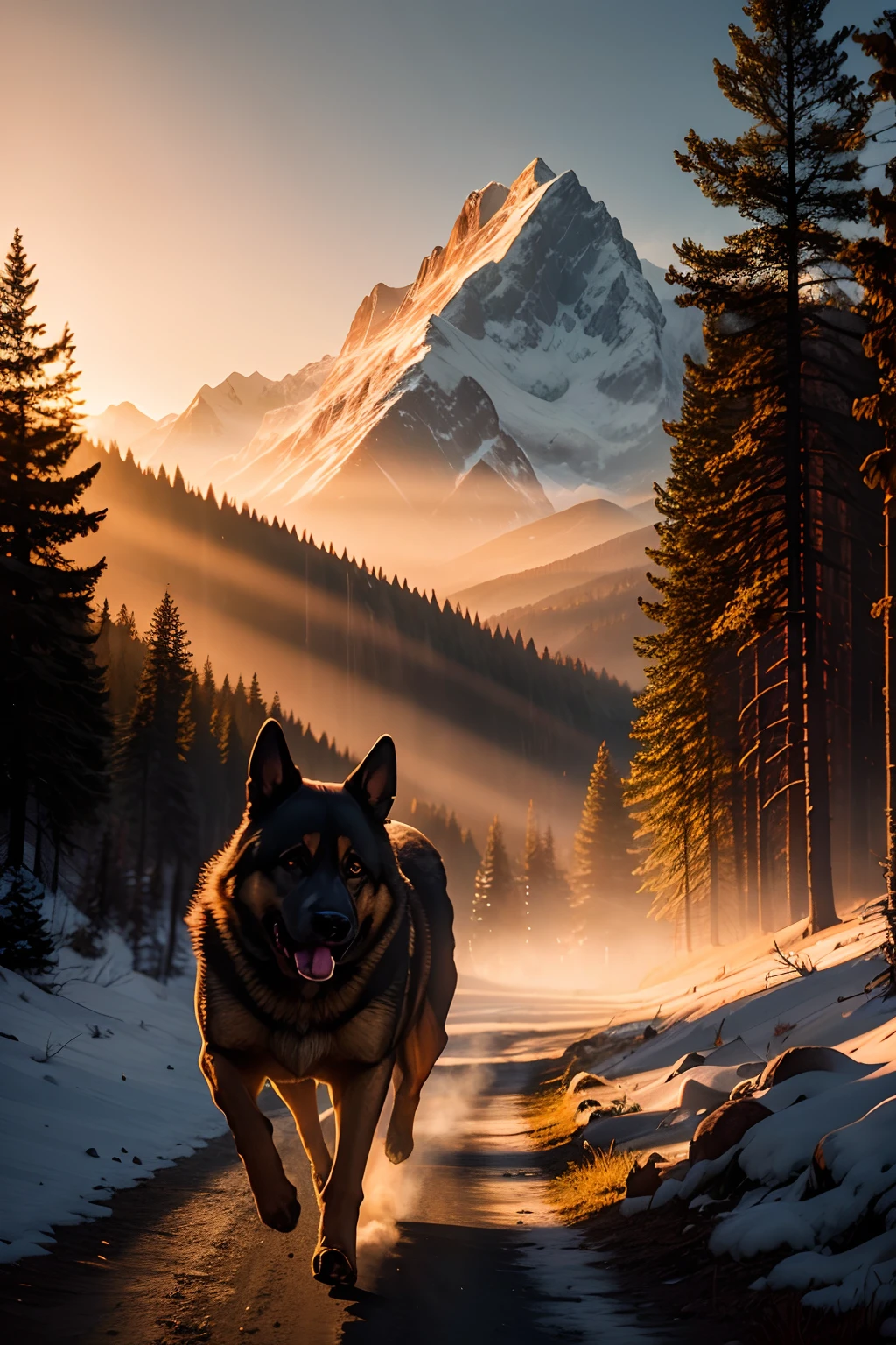 photography o a german shepherd running inside the forest, with mountains in the background, sunset with rays effect