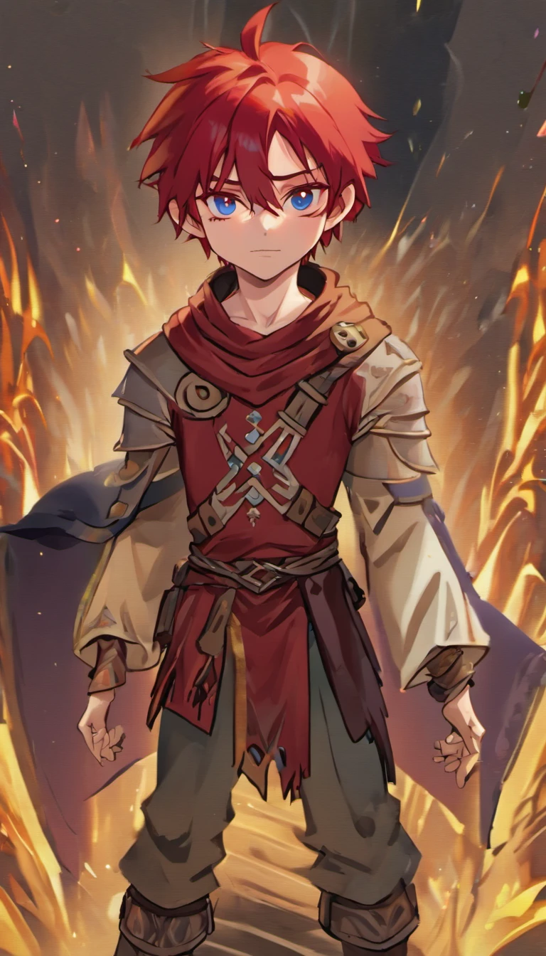 Conan Exiles style, One dirty child (male) (13 years old), Tan skin, 1kid, ((slim fit muscular body: 1.5)), ((medieval villager clothing: 1.9)), bright_red hair, short hair, Peasant boy, villager , Friendly Smile, heroic, slightly sloppy clothes, Medieval Style Clothing, Simple Clothing, Human, gentle boy, Young Face, Skill Picture, Villager Clothes, ((highly_saturated red_hair: 2)), (epitome_of_kindness: 1.5)), ((extremely_handsome: 1.8)), (short_hair: 1.7), ((amazing and unique character_design: 1.9))