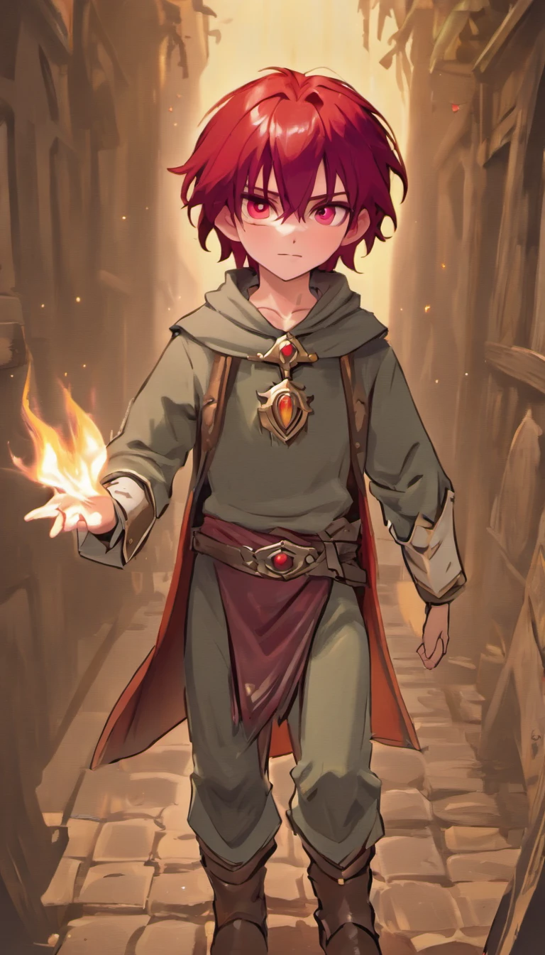 Conan Exiles style, One dirty child (male) (13 years old), Tan skin, 1kid, ((slim fit muscular body: 1.5)), ((medieval villager clothing: 1.9)), bright_red hair, short hair, Peasant boy, villager , Friendly Smile, heroic, slightly sloppy clothes, Medieval Style Clothing, Simple Clothing, Human, gentle boy, Young Face, Skill Picture, Villager Clothes, ((highly_saturated red_hair: 2)), (epitome_of_kindness: 1.5)), ((extremely_handsome: 1.8)), (short_hair: 1.7), ((amazing and unique character_design: 1.9))
