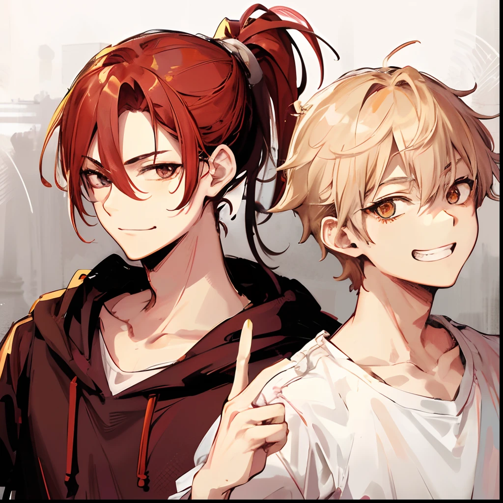 Japanese anime, two young men, man with red low pony tail hair and gray eyes, man with short blond hair and orange eyes, slanted eyes, toothy smile, grin, hunched shoulders, peace sign, concrete wall in background,high quality, amount of drawing, pixiv illustration