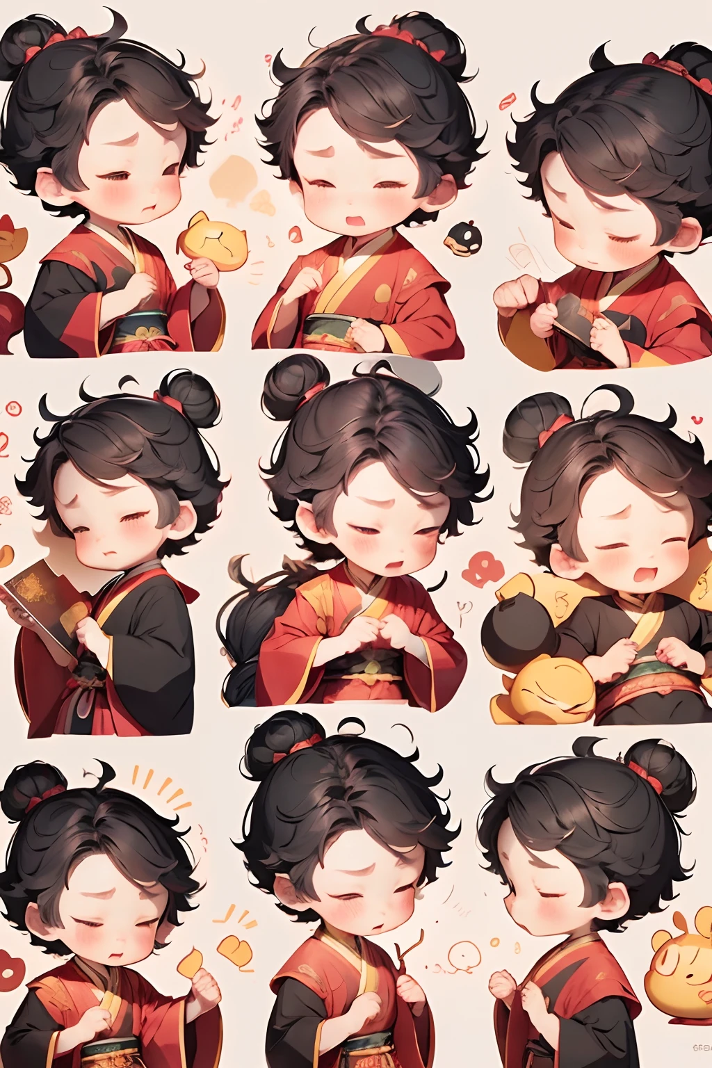 Cute little boy dressed in Tang dynasty scholar costume、emoj、anthropomorphic styles、Disney  style、Black strokes、differentemotions、Multiple locations and emojis、8K