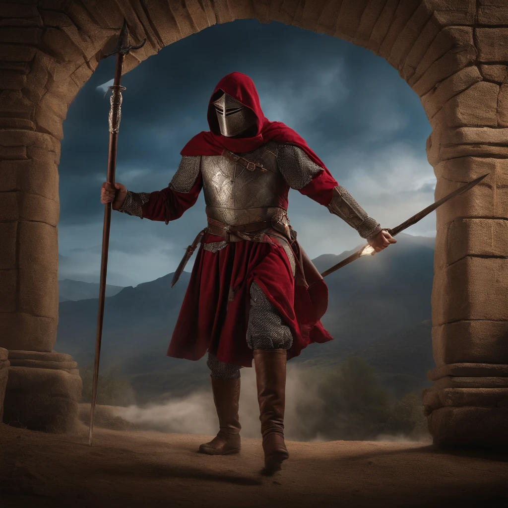 Marvel at the magical spider – the man who served as a medieval-themed knight, Conjunto completo de armaduras brilhantes vermelhas e azuis, detalhes intrincados, Depicted in action poses, holds a spear, cidade medieval ao fundo, fotorrealista, dramatic lighting, beautiful color grading, 8K resolution, Shot with Canon EOS C70 RF24–105mm lens