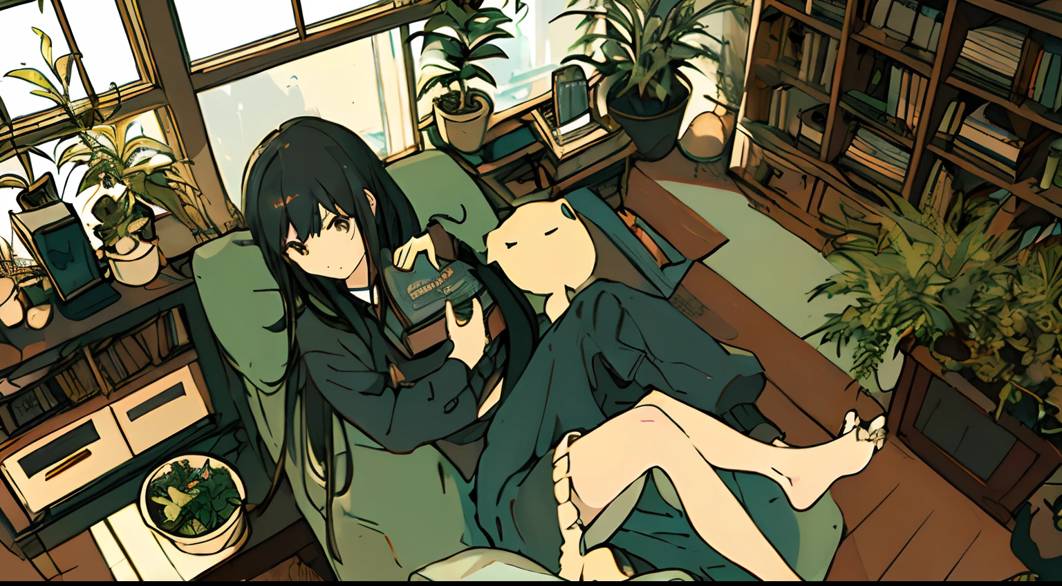 a girls, from above, plant, black hair, cat, lying, indoors, holding, long sleeves, long hair, stuffed toy, potted plant, book, food, window, phone, loaded interior, television, short hair, on back, stuffed animal, bangs, slippers, barefoot, sitting, bookshelf, shelf, cable, computer