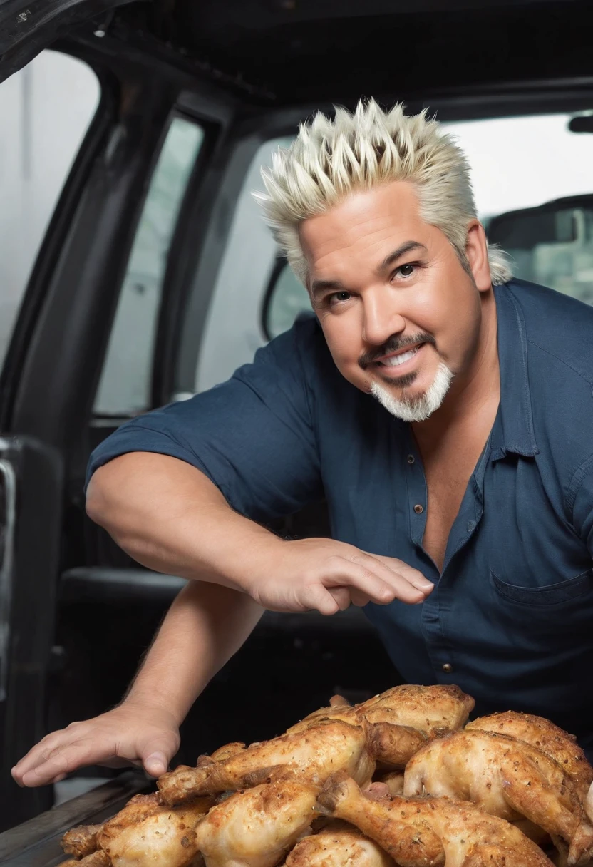 hideously obese guy fieri in the back of a pickup truck, huge stomach, food all over him, half turkey hybird, very prevalent