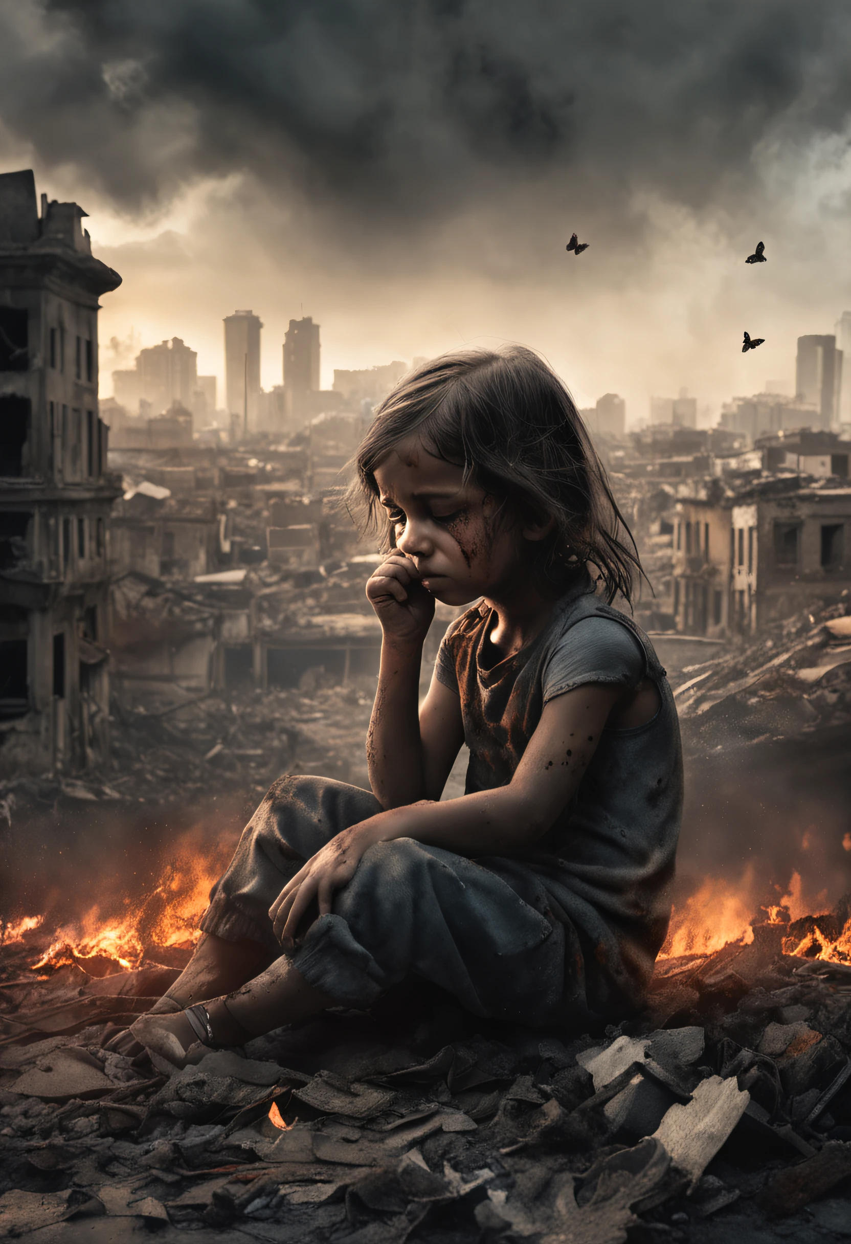 Ultra-realistic depiction of a , sitting with sorrow, agony, ((dried tears drops)), messy and curl hair, dusty face and cloth,(( a destructed city in background, fire, ((human corpse on ground)), some people are crying, destroyed building)), a butterfly sits on her forefinger, (((she is looking at the butterfly and a little bit smile))), hyper detailed, dynamic color, black and gray shade, super emotional picture, set against a hauntingly dark backdrop and surrounded by swirling dark smoke. The image should be in a captivating 16:9 format."