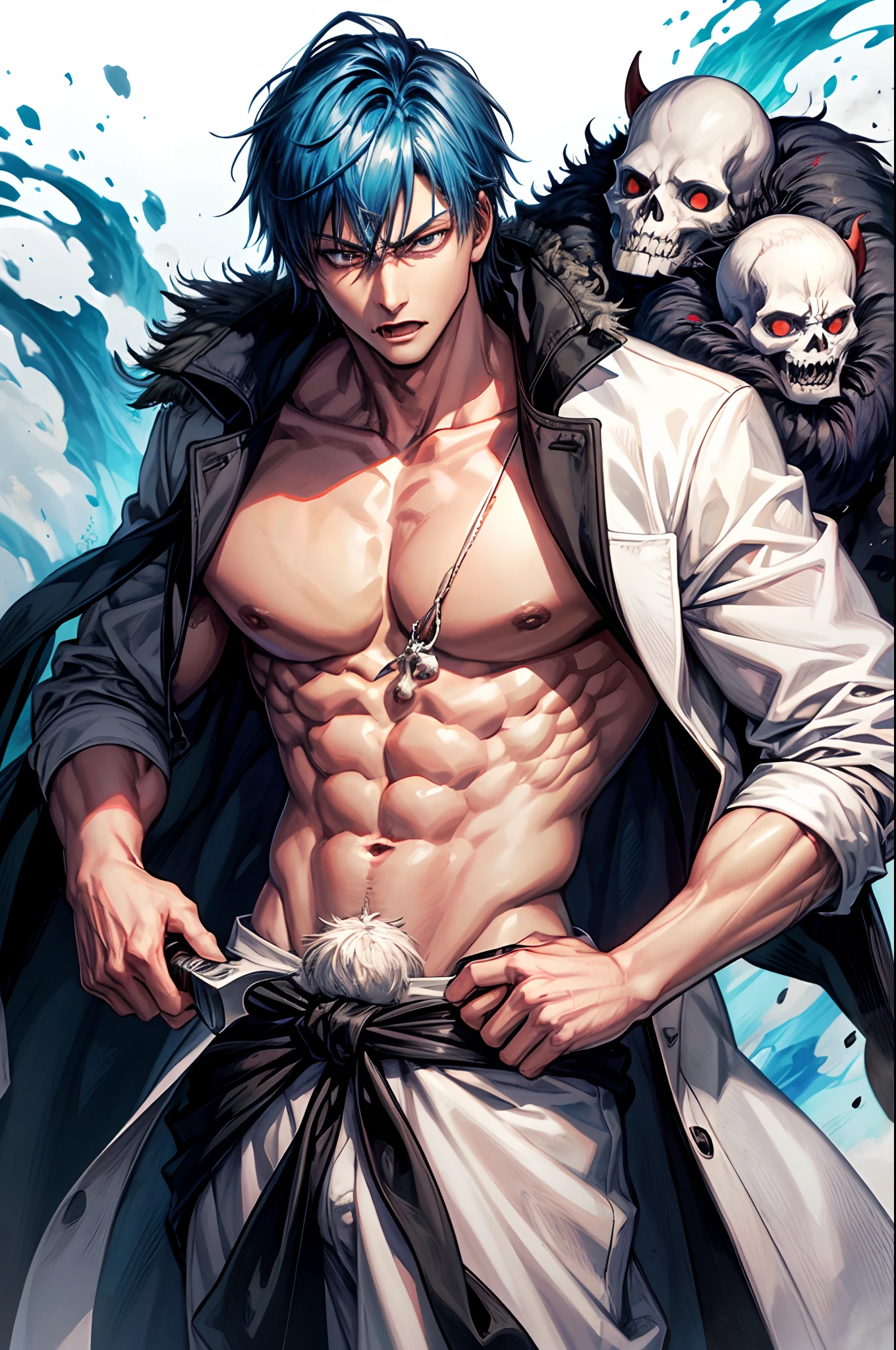 fushiguro toji, muscular male, monster, monstrous, all white eyes, blank stare, insatiable bloodlust, holding a strangely shaped dagger, puffy blue hair, skull mask over mouth, white open coat, tattered blue scarf around neck, powerful, strong, godlike, long white pants, muscular, monster, beast, one man, sole male, 1man, 1 male, one character, hole in chest, hole in stomach, void in stomach, void in chest, see through, one man, one character, long white trenchcoat, ONE MAN