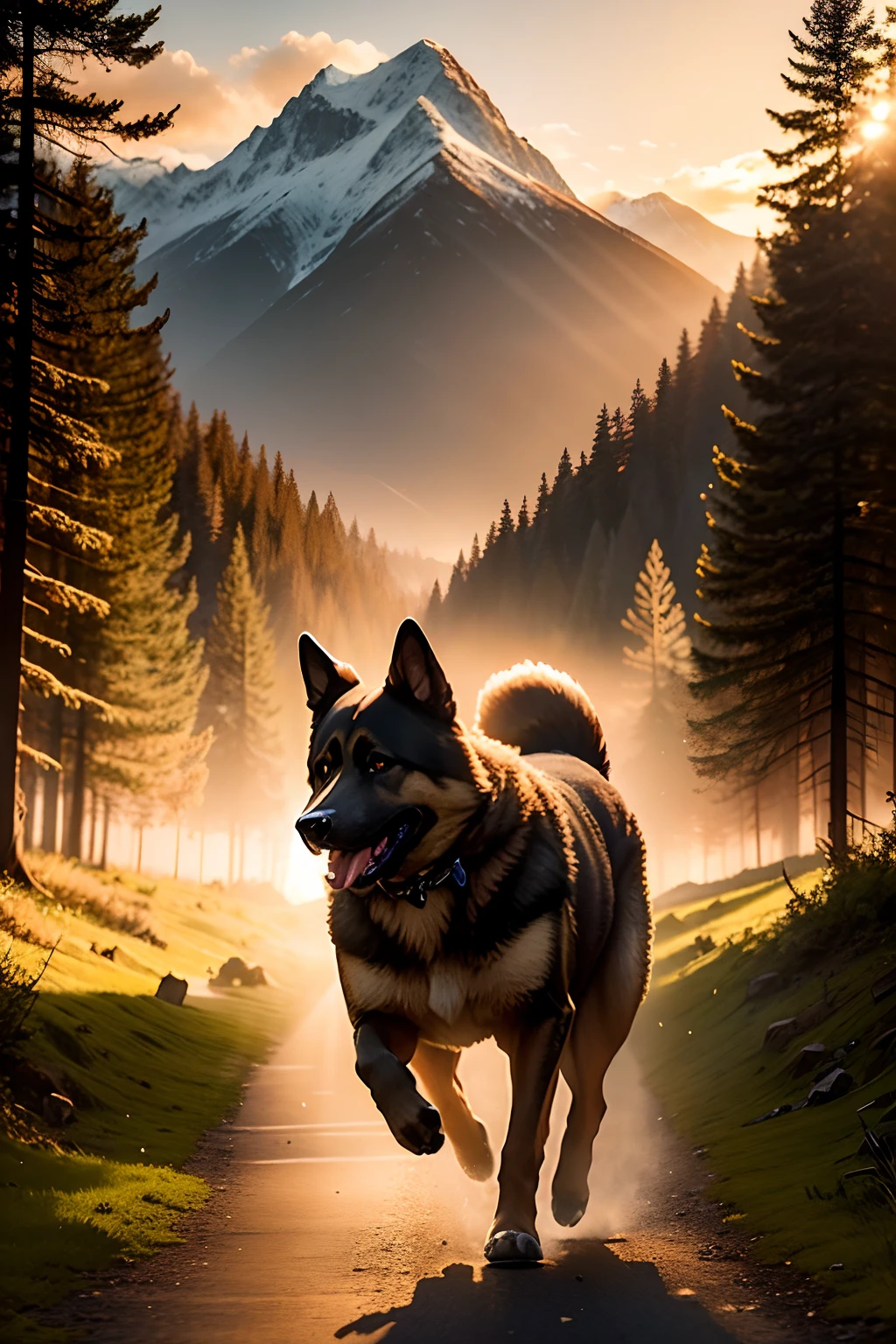 photography o a german shepherd running inside the forest, with a ball in his mouth, with mountains in the background, sunset with rays effect