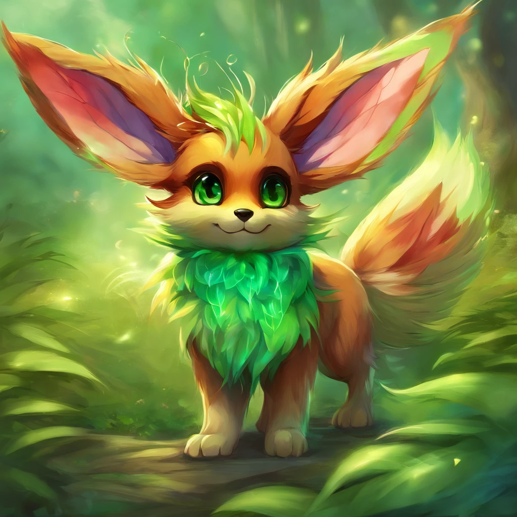 Eevee with light-green fur and green scales long striped tail with red and green spikes long green horns red lensed eyes and light green and red dragonfly-like wings, masterpiece, best quality