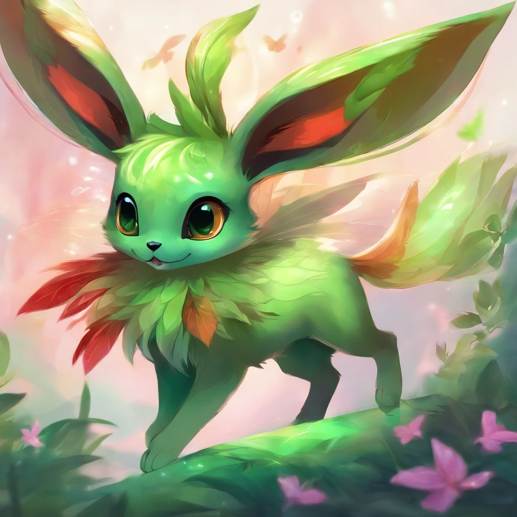 Eevee with light-green fur and green scales long striped tail with red and green spikes long green horns red lensed eyes and light green and red dragonfly-like wings, masterpiece, best quality