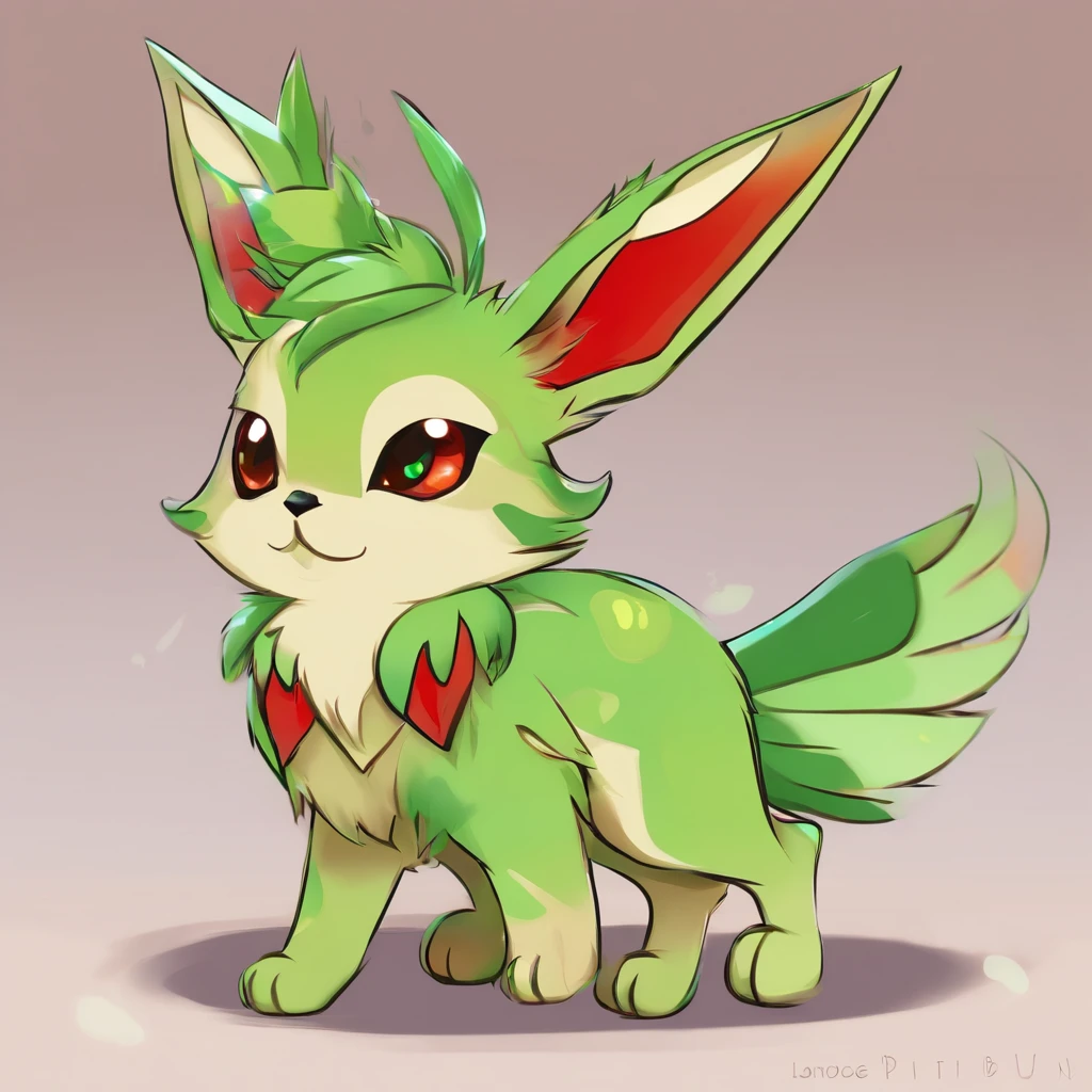 Eevee with light-green fur and green scales long striped tail with red and green spikes long green horns red lensed eyes and light green and red dragonfly-like wings, masterpiece, best quality