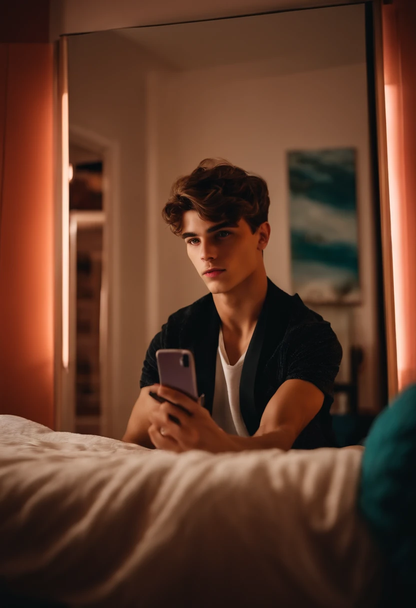 20-year-old ager in his room, posando sexy, mirando fijamente a la camara sacandose una selfie frente al espejo