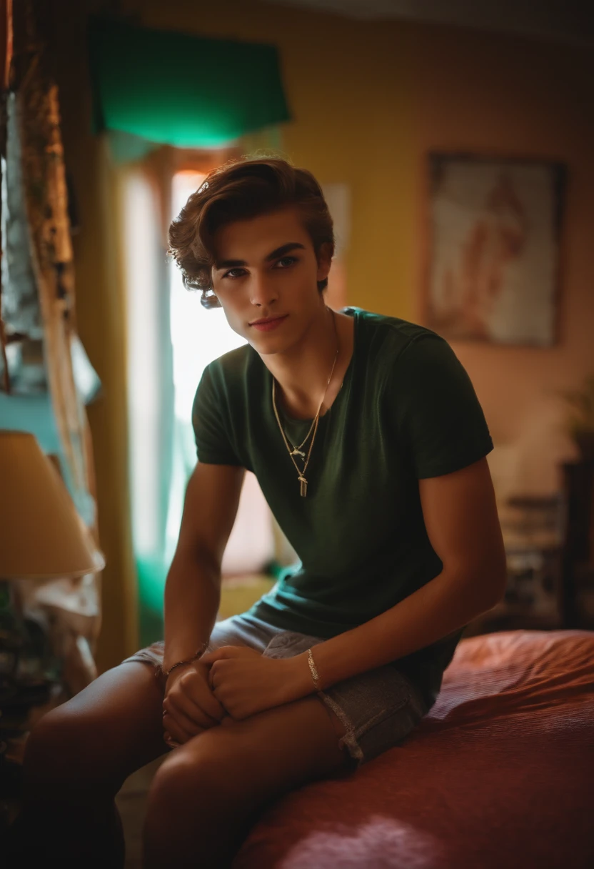 20-year-old ager in his room, posando sexy, mirando fijamente a la camara sacandose una selfie frente al espejo