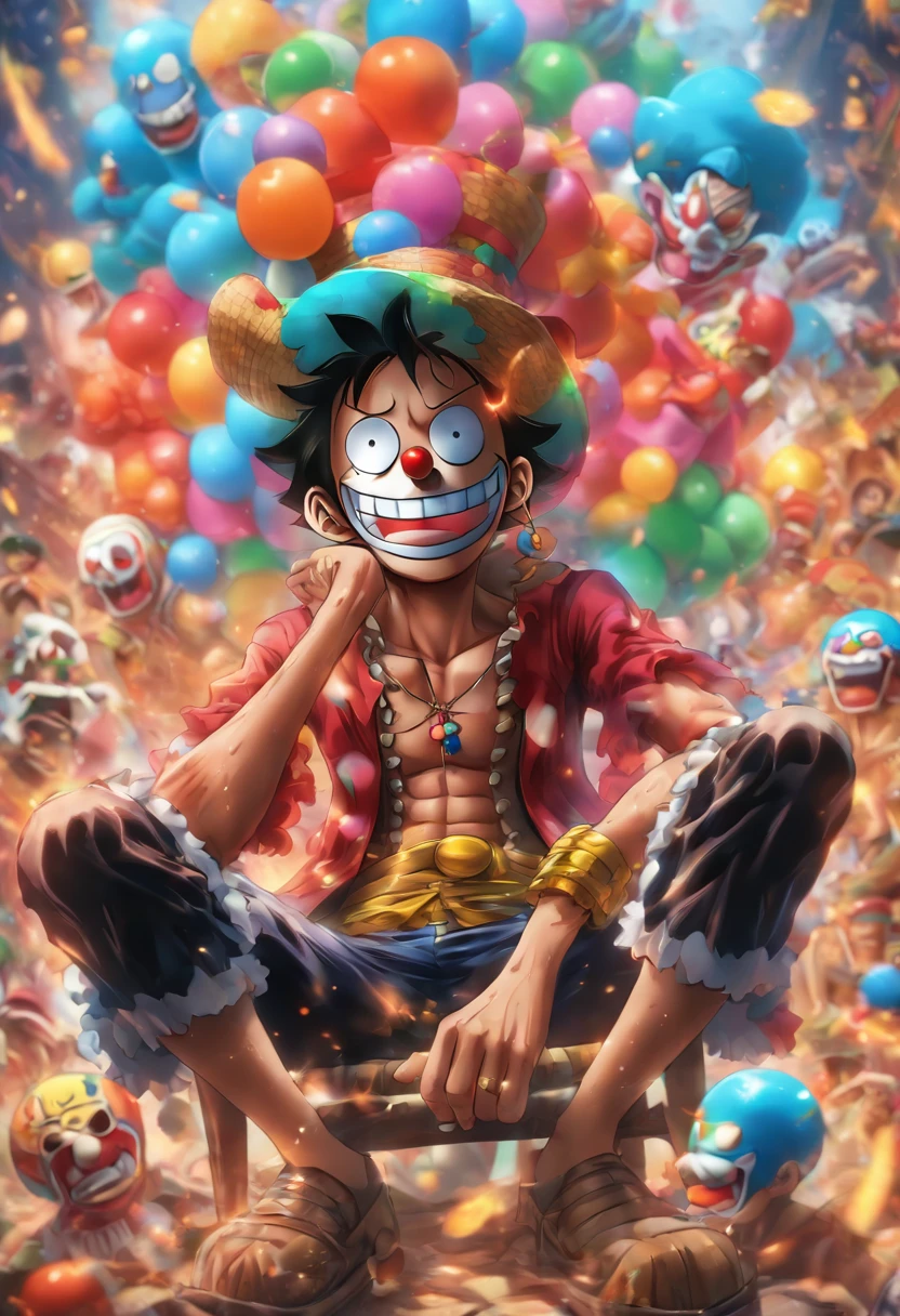 Buggy The One Piece Clown Sitting In His Chair, sorrindo, estilo niji 3d, artstation