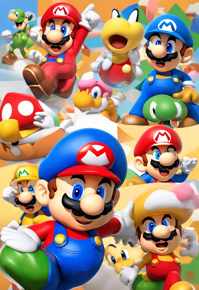 (Mario), design de personagens, Nintendo Super Mario, (olhos azuis, red hat, terno vermelho, blue suspenders, luvas brancas, )super bonito estilo caixa cega, Chibi, corpo inteiro, exaggerated expressions and actions, fundo limpo, Destaques iridescentes brilhantes, studio lighting, Atmospheric Illumination, com textura requintada, High detail, high resolution, c4d, ..3d, Liquidificador, 8k, best quality, Ultra High Definition