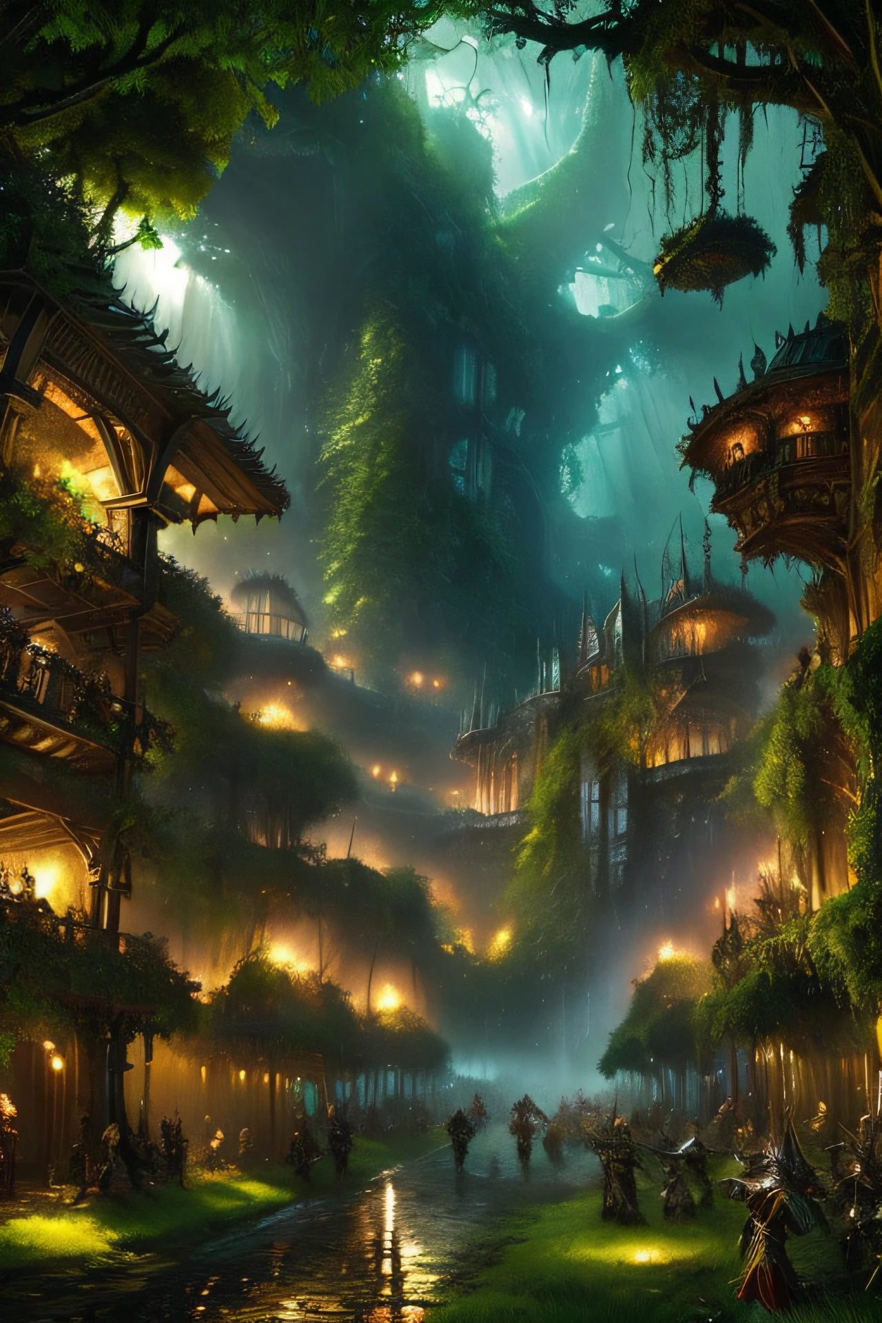 Stunning concept art for Warhammer Fantasy Battles, depicting a majestic rainy day on a sprawling forestfolk city surrounded by a lush jungle canopy dripping from the rain. Images show intricate buildings, bridges covered in lush vines and fireflies. Realistic artwork, realistic.
