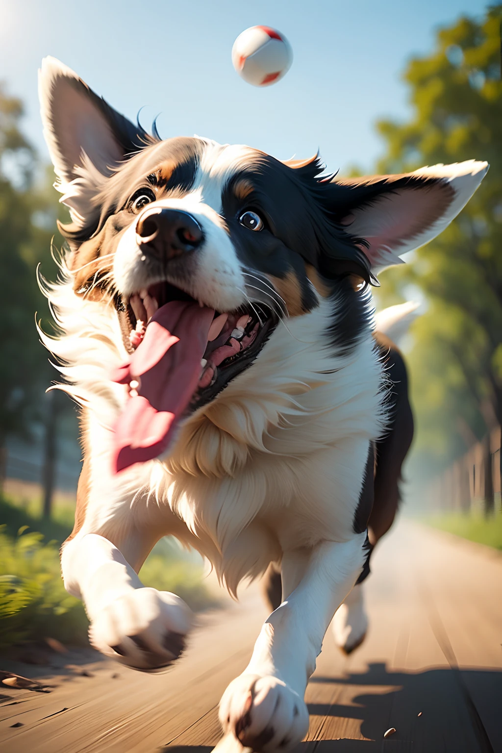 a 35mm photography of border collie, running with a ball inside his mouth
