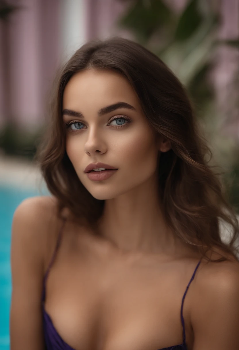 Arafed woman without clothes, Fille jolie aux yeux bruns, Portrait Sophie Mudd, cheveux bruns et grands yeux, well dressed,selfie of a young woman, Yeux de chambre, Violet Myers, pas de maquillage, Maquillage naturel, Look directly into the camera, Visage avec Artgram, Maquillage subtil, Superbe photo du corps entier, Au bord de la piscine, Escote