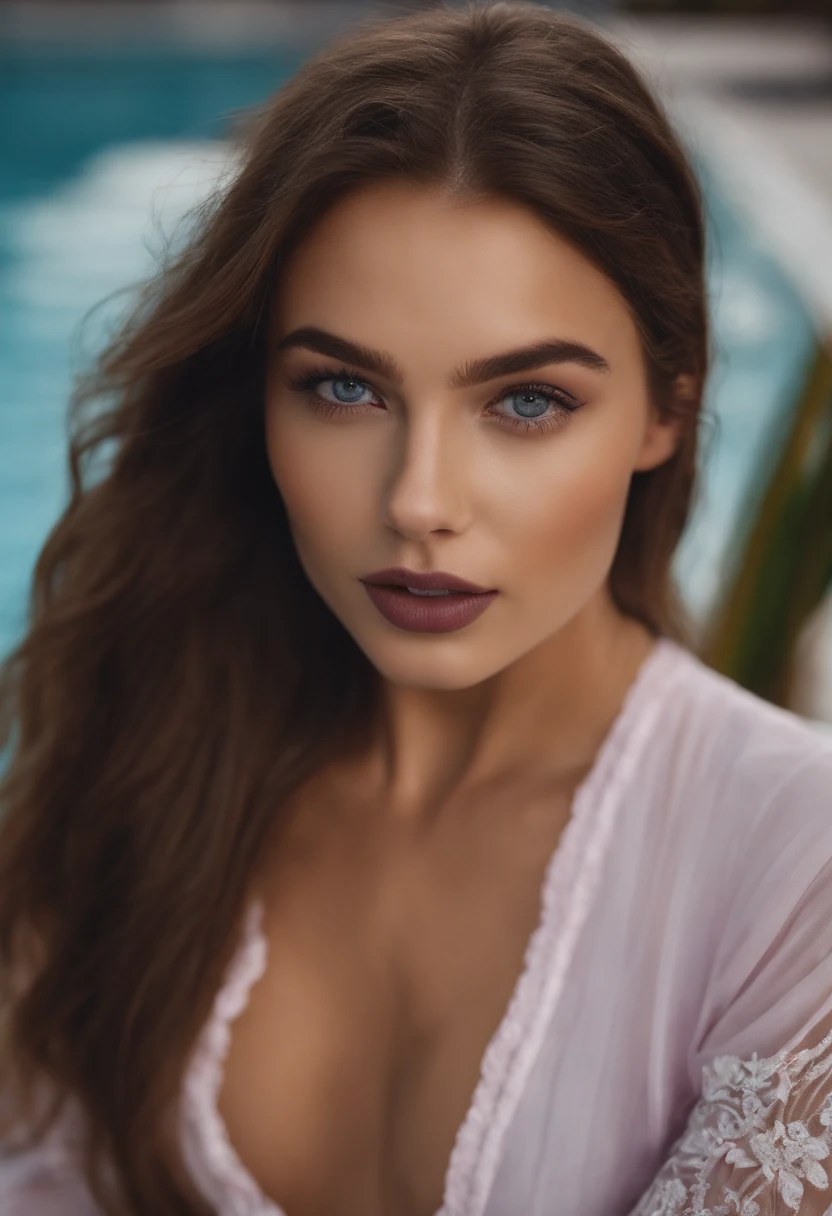 Arafed woman without clothes, Fille jolie aux yeux bruns, Portrait Sophie Mudd, cheveux bruns et grands yeux, well dressed,selfie of a young woman, Yeux de chambre, Violet Myers, pas de maquillage, Maquillage naturel, Look directly into the camera, Visage avec Artgram, Maquillage subtil, Superbe photo du corps entier, Au bord de la piscine, Escote