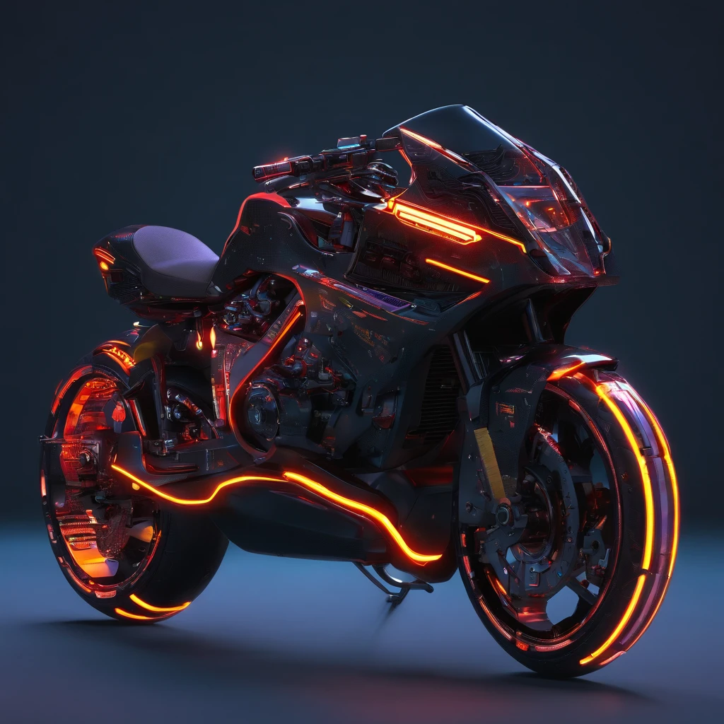 Motocicleta estilo Tron, Preto e cor neon, It has an intricate mechanical structure and luminescent parts. fundo simples, Lighting style: Public lighting. Palavras de fantasia: poderoso, Elegante, Futuristic, chassi exposto, Tron Halo,Lifan V16Plus,a motocicleta