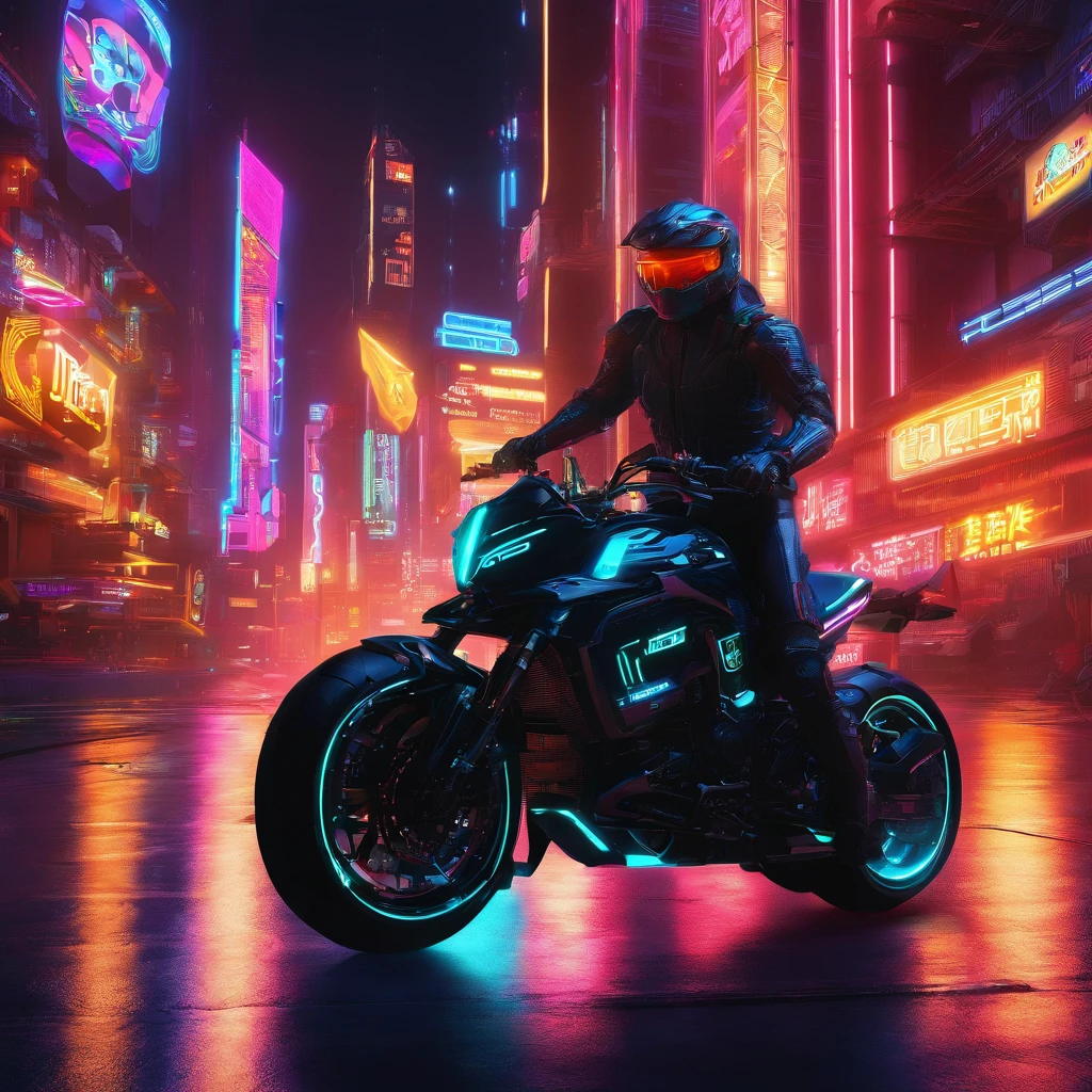 Motocicleta estilo Tron, Preto e cor neon, It has an intricate mechanical structure and luminescent parts. fundo simples, Lighting style: Public lighting. Palavras de fantasia: poderoso, Elegante, Futuristic, chassi exposto, Tron Halo,Lifan V16Plus,a motocicleta
