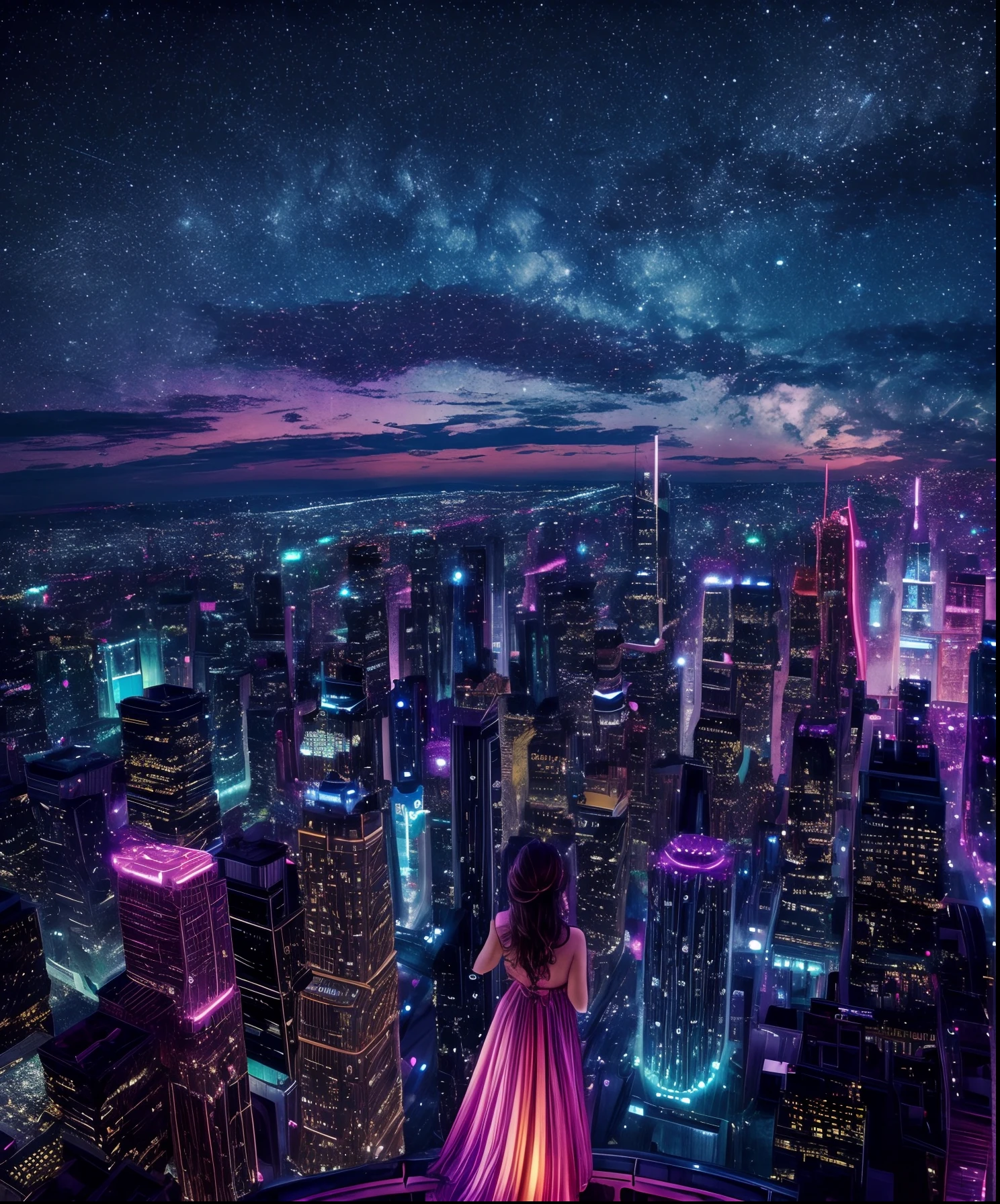 Sheet music playback、Colorful sheet music is played、Cute girl characters、 Night view from a high place、Drawing a large number of skyscrapers, Looking up at the starry sky. Surround her with colorful nebulae and colorful metropolis.