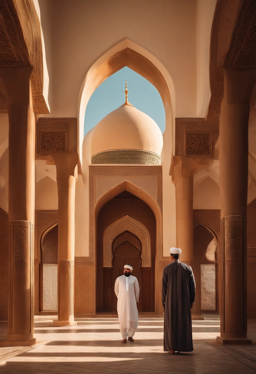 arafed man with a beard standing in front of a building, he is in a mosque, khyzyl saleem, dressed thobe, inspired by Kamāl ud-Dīn Behzād, arab man light beard, inspired by Sheikh Hamdullah, inspired by Abdullah Gërguri, ash thorp khyzyl saleem