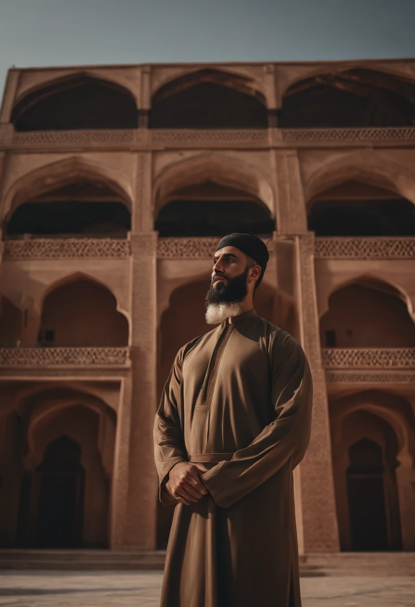 arafed man with a beard standing in front of a building, he is in a mosque, khyzyl saleem, dressed thobe, inspired by Kamāl ud-Dīn Behzād, arab man light beard, inspired by Sheikh Hamdullah, inspired by Abdullah Gërguri, ash thorp khyzyl saleem