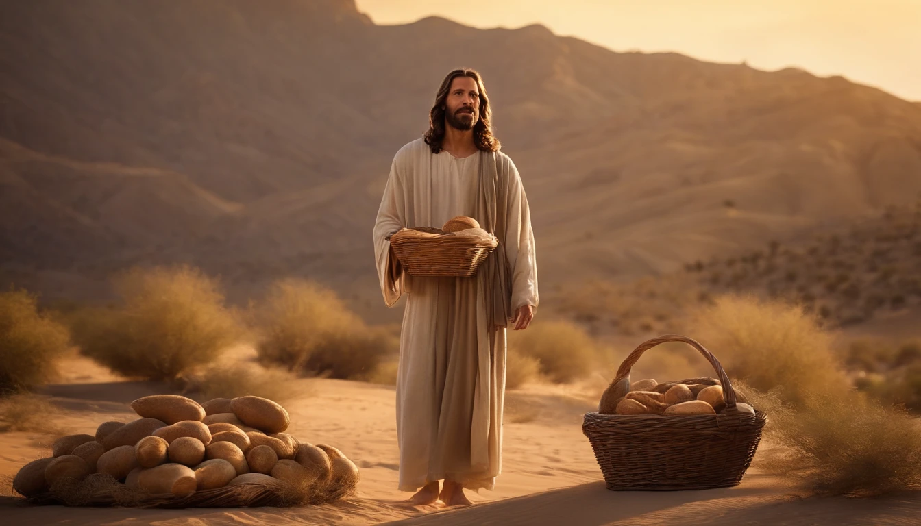 Create a realistic image that highlights Jesus blessing the five loaves and two fish amidst a desert landscape with focused attention.