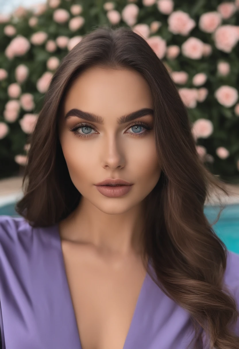 Arafed woman with clothes, Fille jolie aux yeux bruns, Portrait Sophie Mudd, cheveux bruns et grands yeux, well dressed,selfie of a young woman, Yeux de chambre, Violet Myers, pas de maquillage, Maquillage naturel, Look directly into the camera, Visage avec Artgram, Maquillage subtil, Superbe photo du corps entier, Au bord de la piscine, Escote