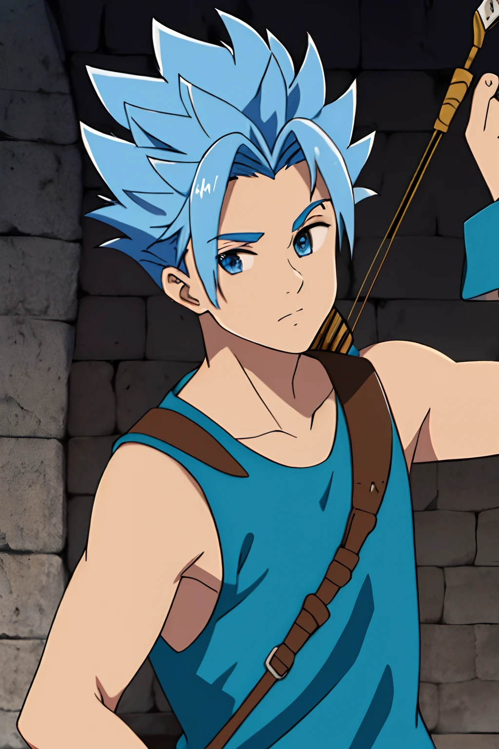 masterpiece, best quality, high quality, 1boy, solo, male focus, looking at viewer, upper body, arden, blue hair, blue eyes,doing archery, sleeveless shirt