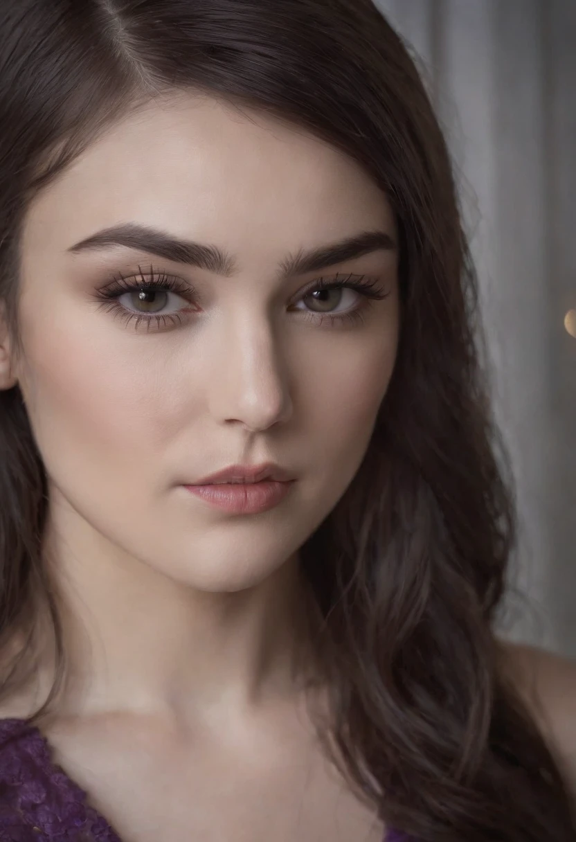 Sasha Grey, (((photorealistic), (grayscale:1.2),  (photography), (best quality:1.5), (shredded and cropped purple hair), (blushed cheek, eyeliner, brown eyeliner and shadow), (clear eyes), textured skin, [hyper realistic],  face close, 80mm, soft focus , film grain:1.2