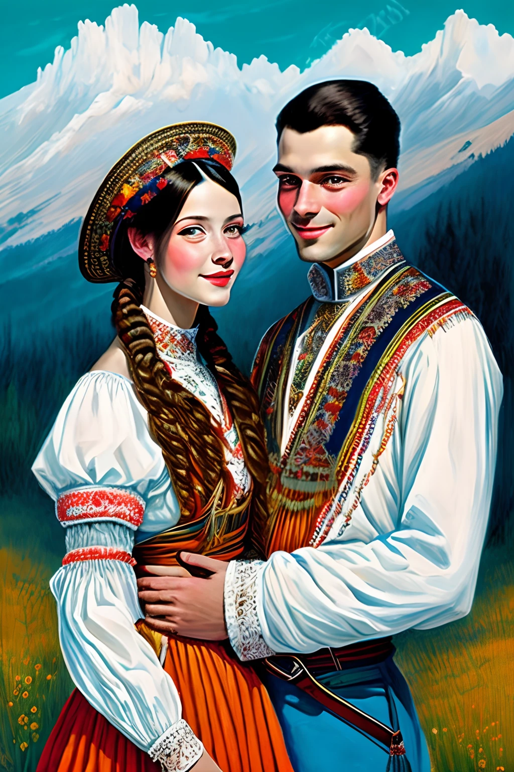 Carpathian ethnic Ukrainian style couple hutsul naiv art Mariya prymachenko style