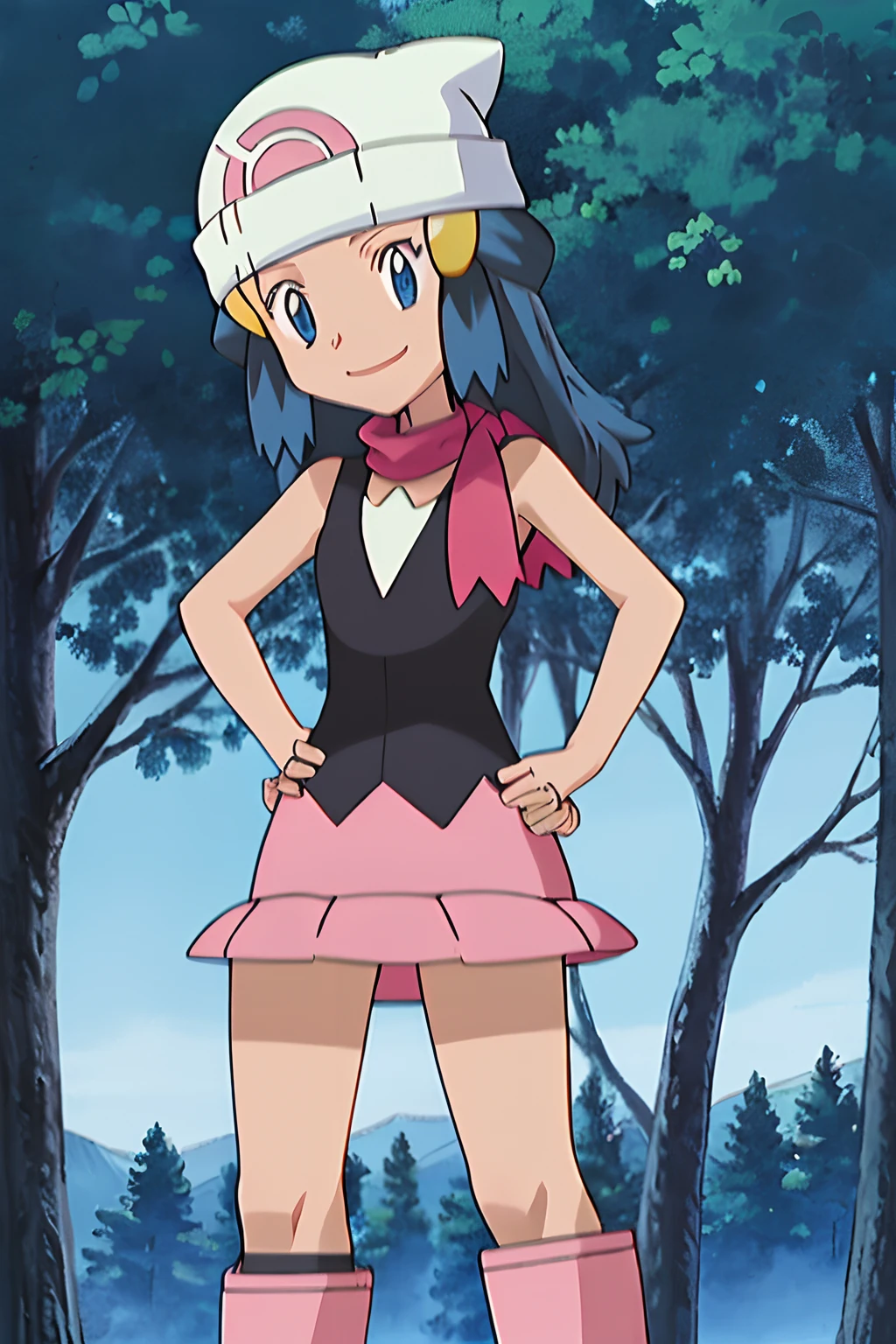 masterpiece, best quality, 1girl, dawn \(pokemon\), beanie, long hair, blue hair, blue eyes, black sleeveless shirt, pink scarf, pink skirt, pink boots, hands on hips, smile, looking at viewer, forest background