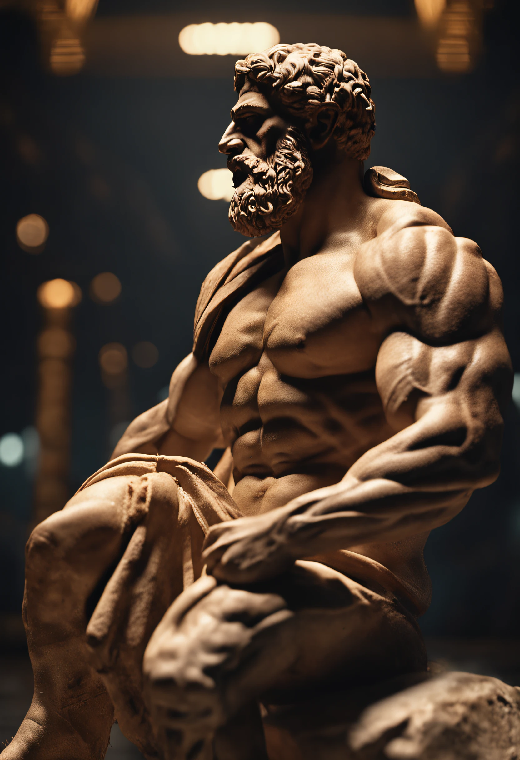 stoic gricki stock
which is historic greek status with
muscles in profile Hercules style
cinematic 8k and dark background
