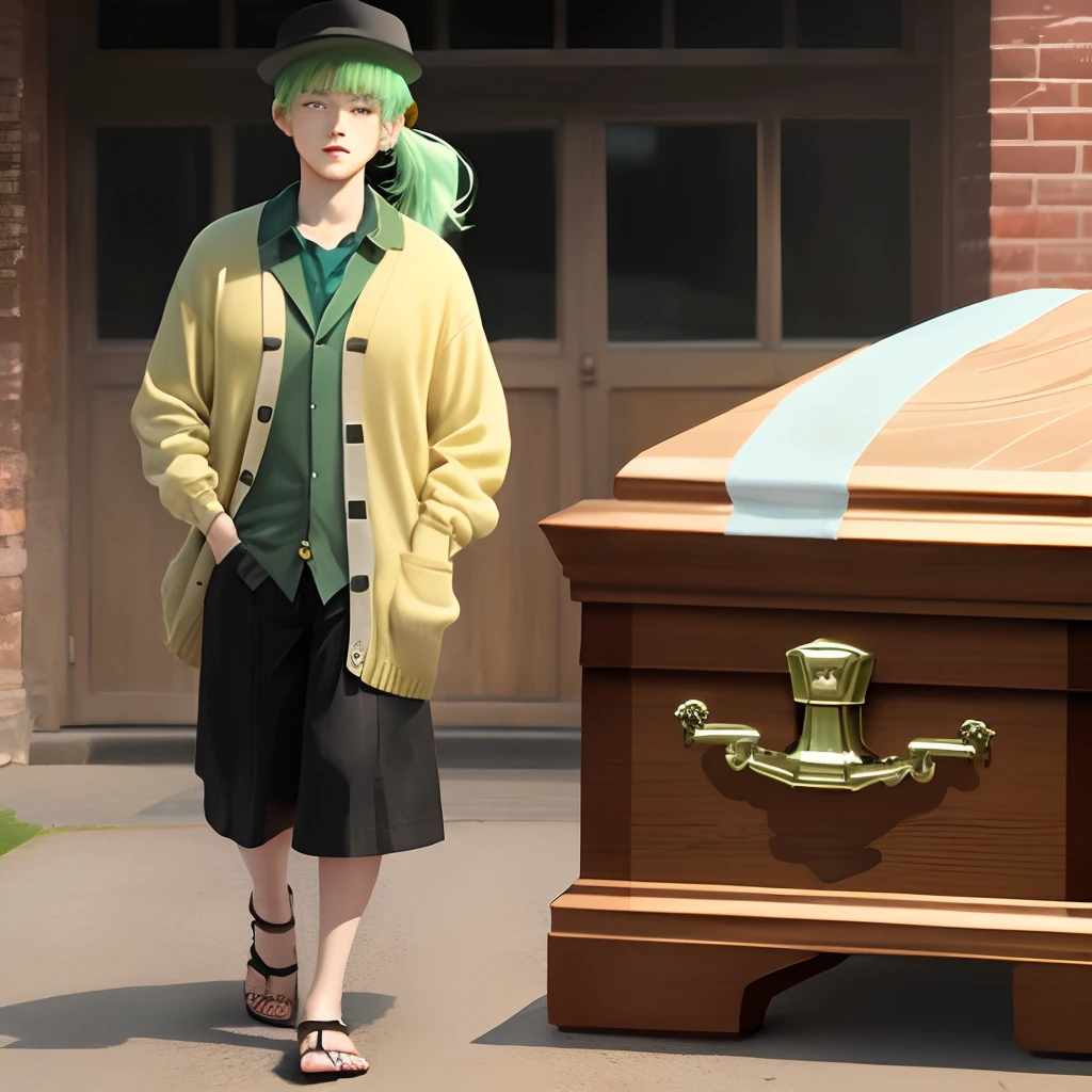 Light yellow-green hair Ponytail Eyes hidden by bangs Casket Hat Man Icon Cardigan Rough pattern shirt Sandals