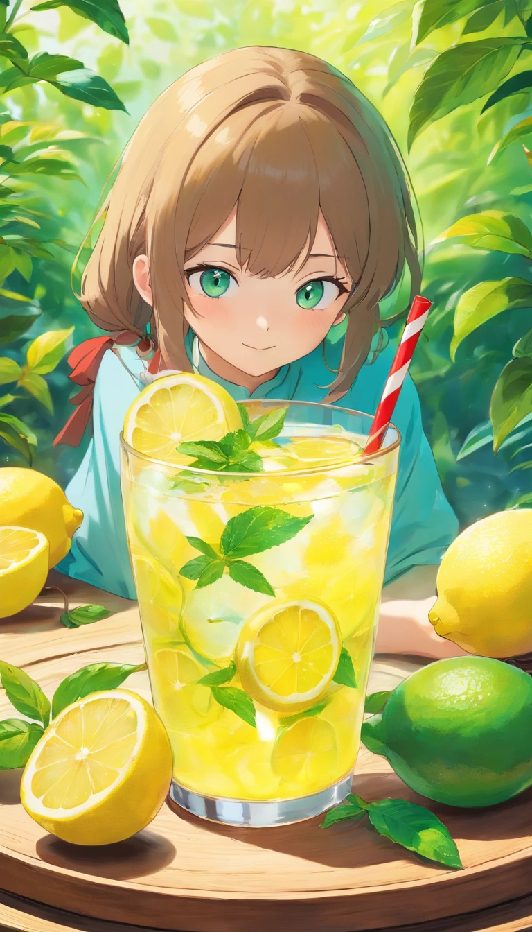a glass of lemon juice、bloo、Refrigeration effect、On a wooden tray、Two lemons and mint leaves、Next to the green and red straws、Ultra-realistic food images、Complete theme shown in the picture、Randy Post、surrealistic」、surrealistic&quot;、high-resolution photo