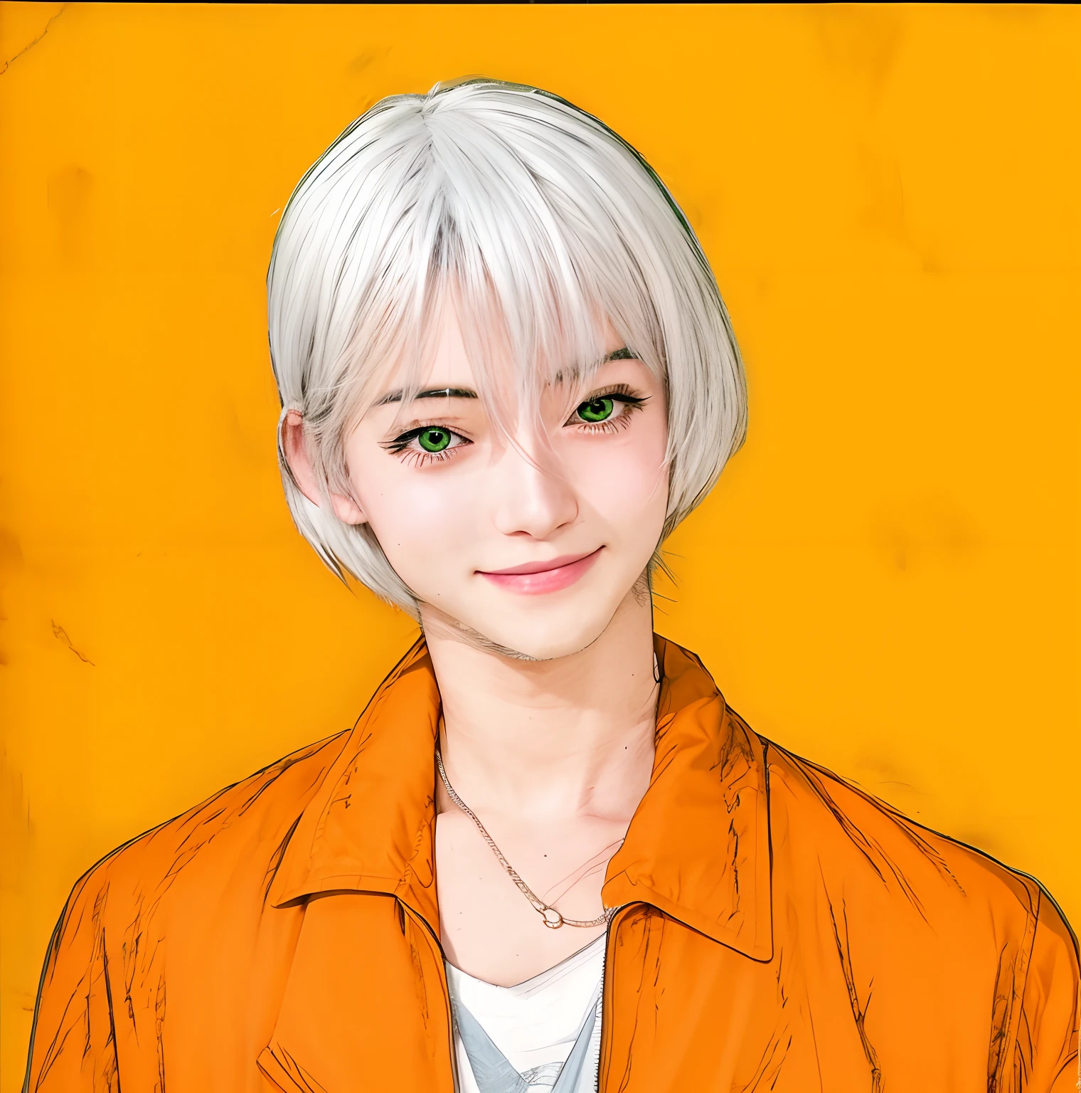 Realistic anime boy with white hair and yellow eyes, wearing green prison jacket, smiling