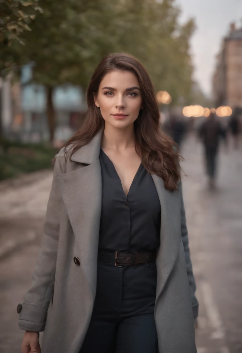 A woman in a gray coat and black top standing on a street - SeaArt AI