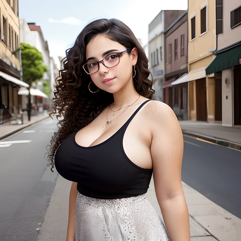 1girl, young, teenager, Jewish ethnicity, huge breasts, hanging breasts, curly dark brown hair, thick black glasses, freckles on cheeks, black tank top, white patterned maxi skirt, wide-angle, (full-body shot), nervous, old town background, ite