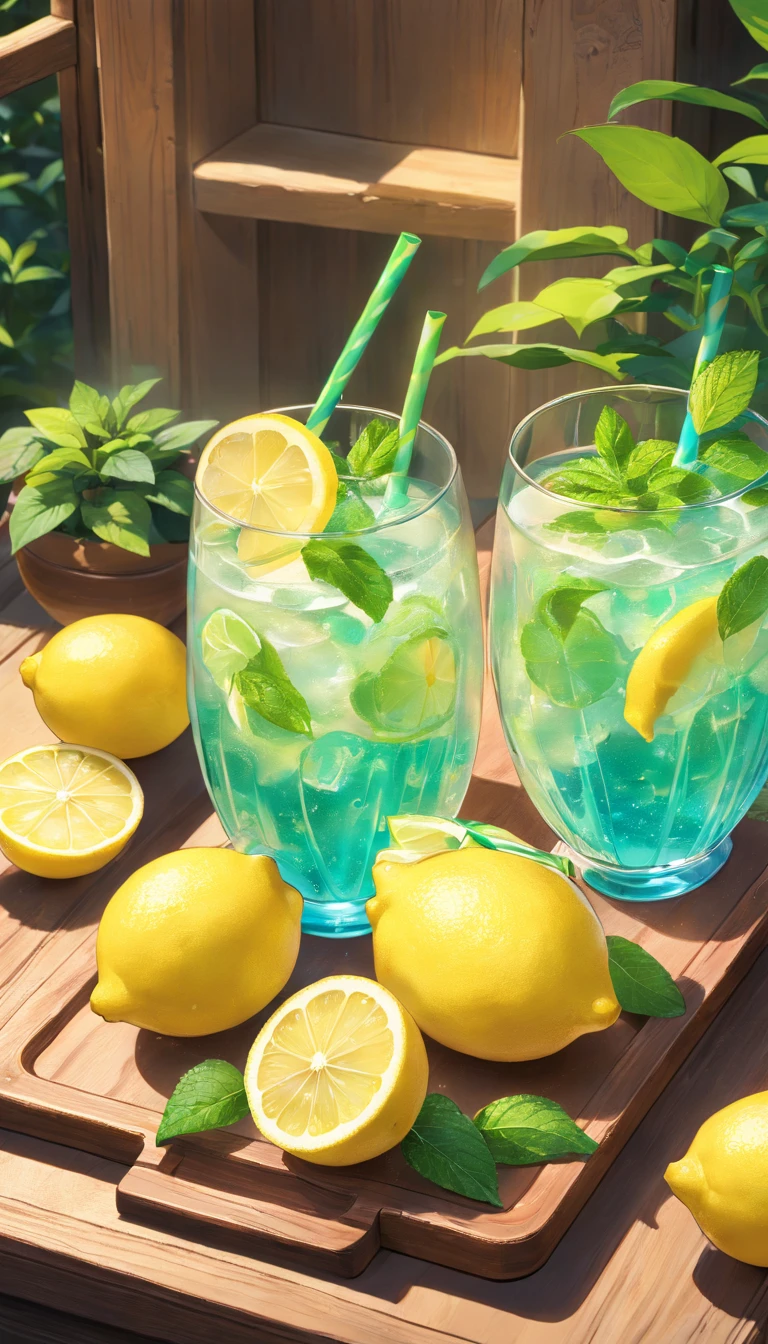 a glass of lemon juice、bloo、Refrigeration effect、On a wooden tray、Two lemons and mint leaves、Next to the green and red straws、Ultra-realistic food images、Complete theme shown in the picture、Randy Post、surrealistic」、surrealistic"、high-resolution photo