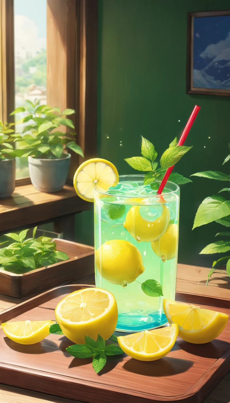 a glass of lemon juice、bloo、Refrigeration effect、On a wooden tray、Two lemons and mint leaves、Next to the green and red straws、Ultra-realistic food images、Complete theme shown in the picture、Randy Post、surrealistic」、surrealistic&quot;、high-resolution photo