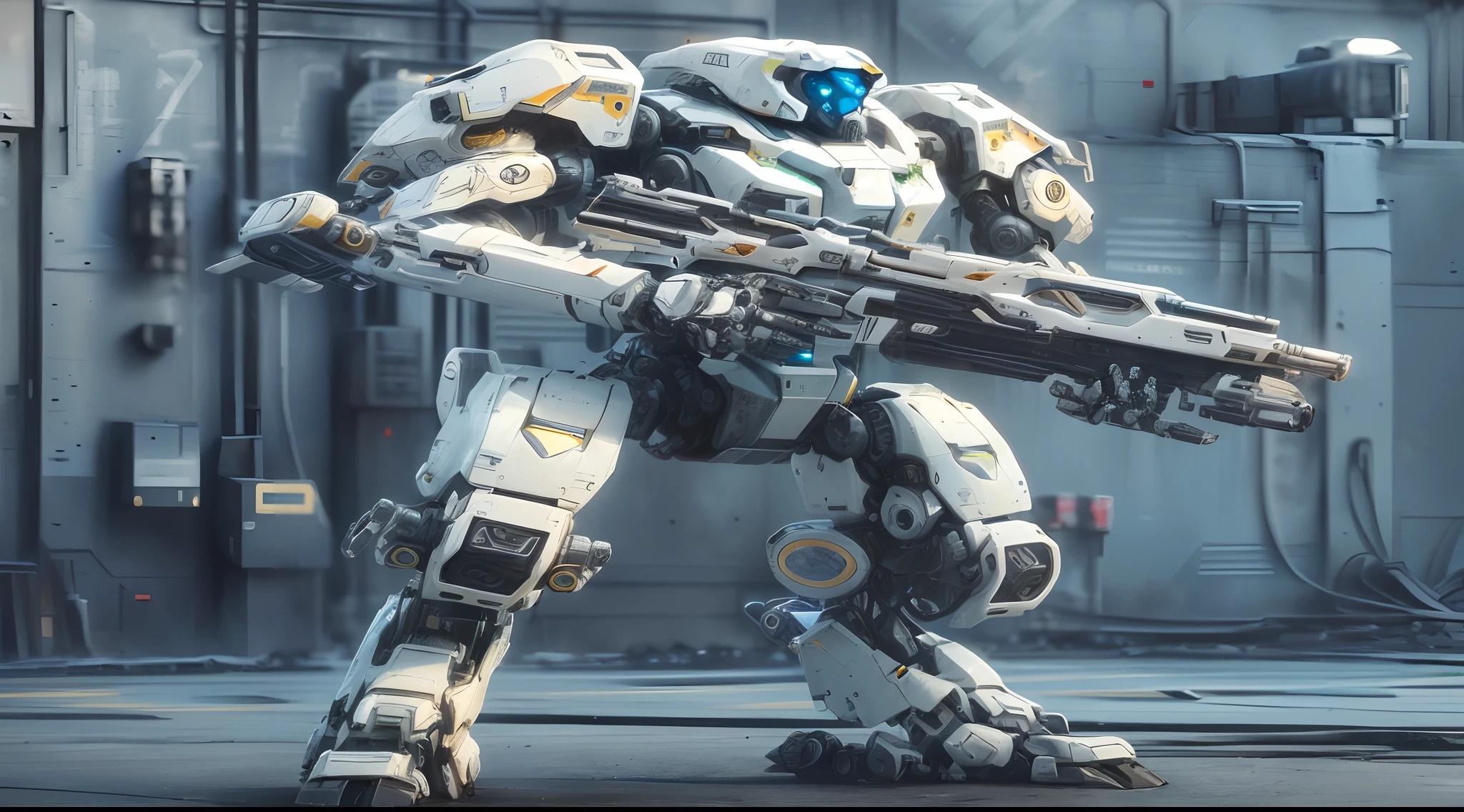 A closeup of a robot with a gun on a building, terno mech, mecha de corpo inteiro, mech robot futuristic, terno mecha, full cybernetic combat suit, sci-fi mech, hardsurface armour, roupas mech de combate, bot mech branco, cyber mech, em armadura futurista branca, mega mecha humanoide, mecha humanoide, Mech Guerreiro