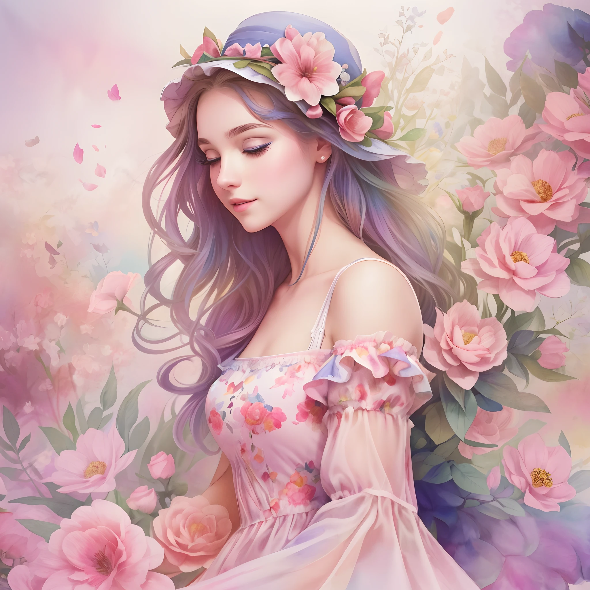 Cute Illustration Clipart (Alice in Wonderland Blue Floral Dress and Hat with Flowers in Sara Kay Style) em alegre, Light Pastels, estilo Sara Kay, aquarela e flores, pastel-hued,fundo branco, qualidade perfeita, Ultra resolution, imagem 300 dpi, 16k resolution