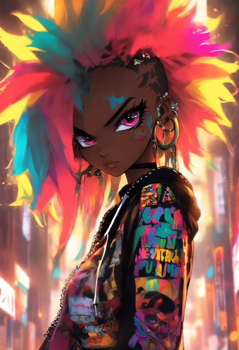 The most beautiful and naked sexy punk rock girl, black Afro, huge boobs, cabello color arco iris, ojos amarillos, dark skin, usar una sudadera con capucha, toneladas de tatuajes y piercings, Obra maestra perfecta, alta calidad, High resolution, big tits