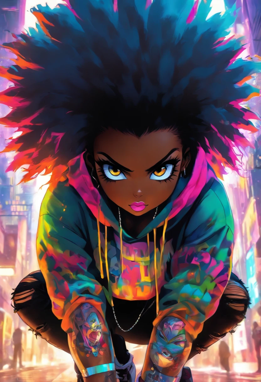 The most beautiful and sexy punk rock girl, black Afro, huge boobs, cabello color arco iris, ojos amarillos, dark skin, usar una sudadera con capucha, Graphic design jacket and torn skinny jeans, toneladas de tatuajes y piercings, Obra maestra perfecta, alta calidad, High resolution, big tits