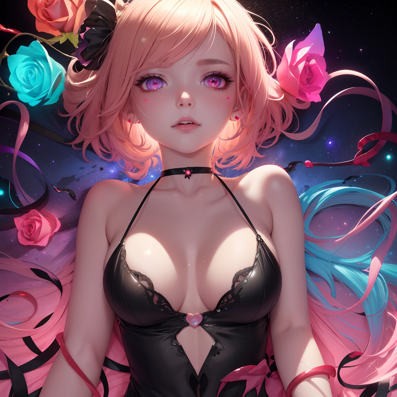 down by the beach at night, anime girl with hearts, in the style of neon hallucinations, rainbowcore, detailed portrait, close up of her face, wearing magical princess clothes, glowing green hazel eyes, glowing rainbow hair, roses pinned around her, slutty, gems, detailed portrait, anime girl wrapped in vines, glowing clothes, dripped out, random colors, detailed portrait, close up, close up of upper body!!! Space background with melting liquid, black halter top black bra, cat eyes, black red clothes, red glowing blood dripped roses, glowing flower feathers in her hair and eyes, glowing hearts circling her and a man, close up of upper body!!!!!, short hair, glistening makeup eyeliner eyes, wearing magical princess clothes, glowing blonde hair, glowing rainbow hair, roses pinned around her, slutty, gems, detailed portrait, anime girl wrapped in vines, glowing clothes, dripped out, random colors, detailed portrait, close up, close up of upper body!!! Space background with melting liquid, close up of face, detailed eyes, cat eye pupils iris of her eye, black red clothes, red glowing blood dripped roses, glowing flower feathers in her hair and eyes, glowing hearts circling her and a man, close up of upper body!!!!!, short hair, glistening makeup eyeliner eyes, wearing magical princess clothes, glowing blonde hair, glowing rainbow hair, roses pinned around her, slutty, gems, detailed portrait, anime girl wrapped in vines, glowing clothes, dripped out, random colors, detailed portrait, close up, close up of upper body!!! Space background with melting liquid, close up of face, detailed eyes