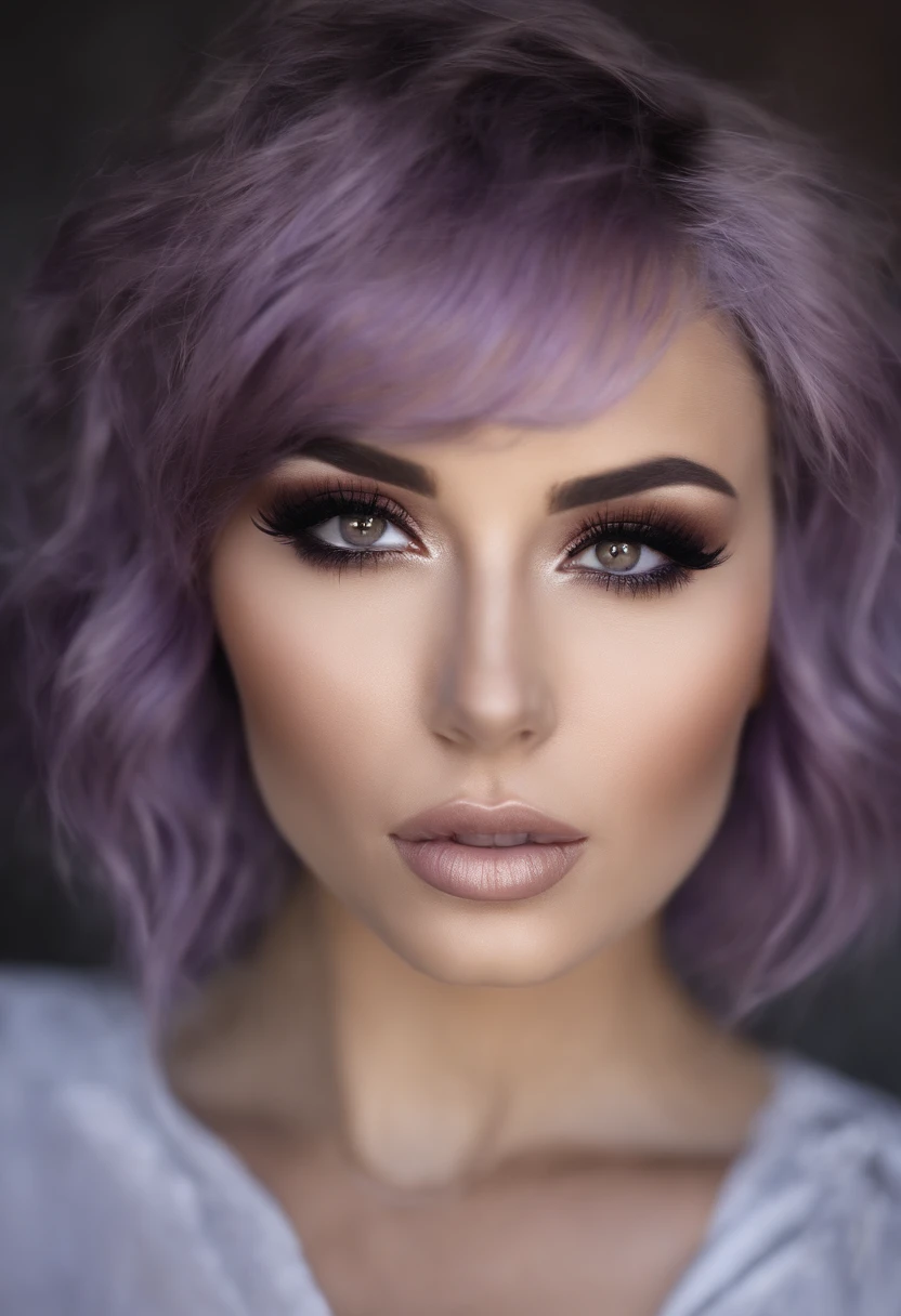 (photography), (best quality:1.5), (shredded and cropped purple hair), (blushed cheek, eyeliner, brown eyeliner and shadow), (clear eyes), textured skin, [hyper realistic],  face close, 80mm, soft focus , film grain:1.2