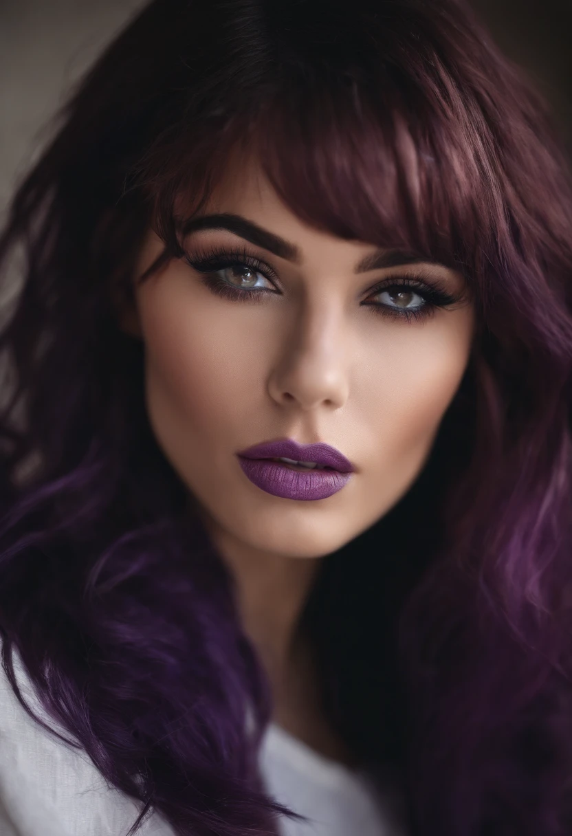 (photography), (best quality:1.5), (shredded and cropped purple hair), (blushed cheek, eyeliner, brown eyeliner and shadow), (clear eyes), textured skin, [hyper realistic],  face close, 80mm, soft focus , film grain:1.2