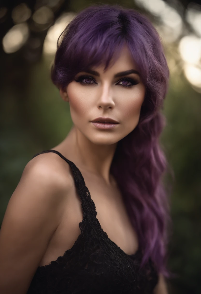 (photography), (best quality:1.5), (shredded and cropped purple hair), (blushed cheek, eyeliner, brown eyeliner and shadow), (clear eyes), textured skin, [hyper realistic],  face close, 80mm, soft focus , film grain:1.2